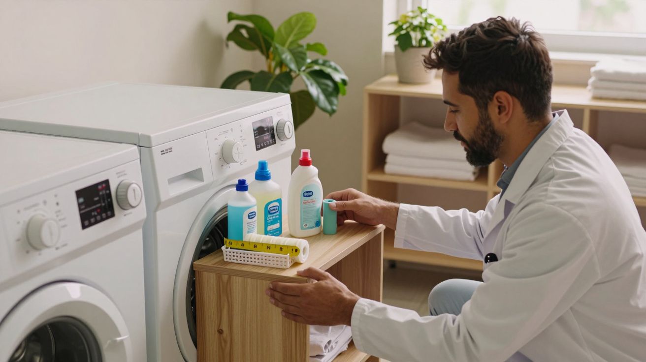 Homem de bata ao lado de máquinas de lavar roupa, arrumando detergentes numa prateleira de madeira, com toalhas ao fundo.