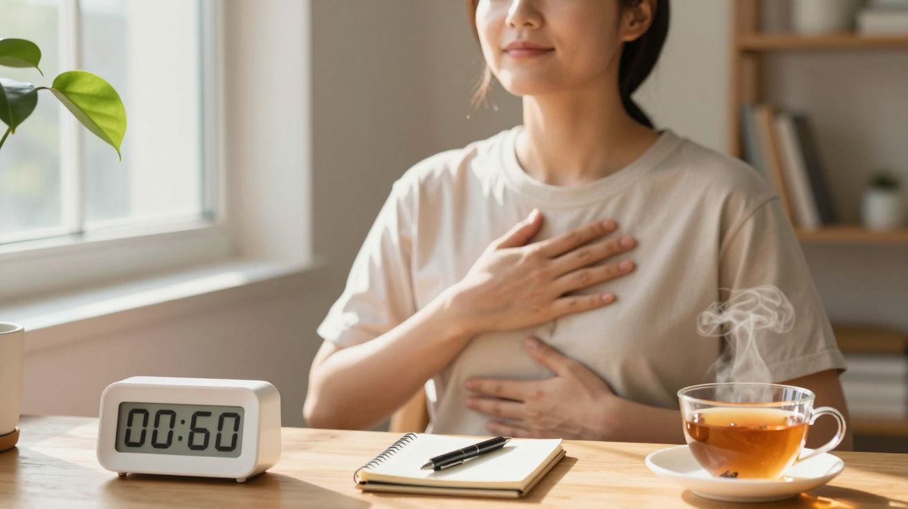 Mulher meditando à mesa com chá, caderno e relógio digital próximo de janela ensolarada.