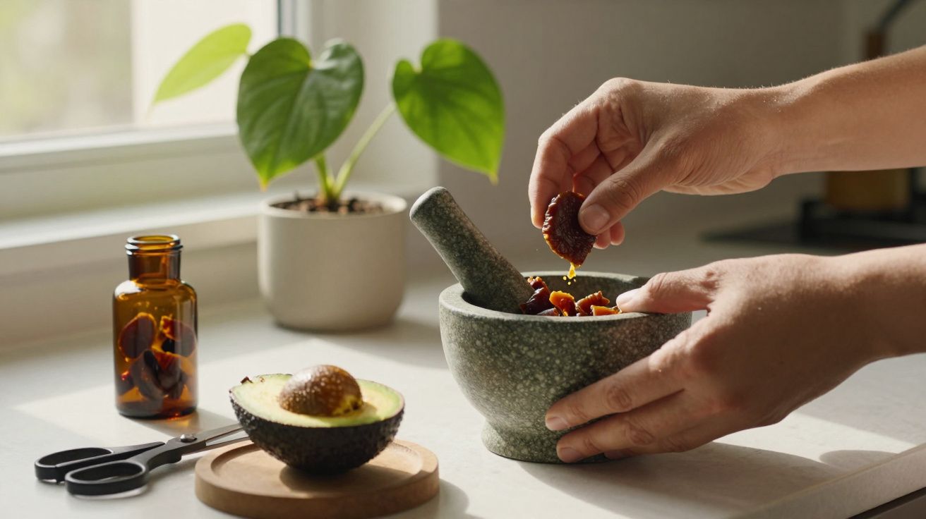 Mãos usando almofariz e pilão com ingredientes naturais em cozinha iluminada, planta e abacate ao lado.