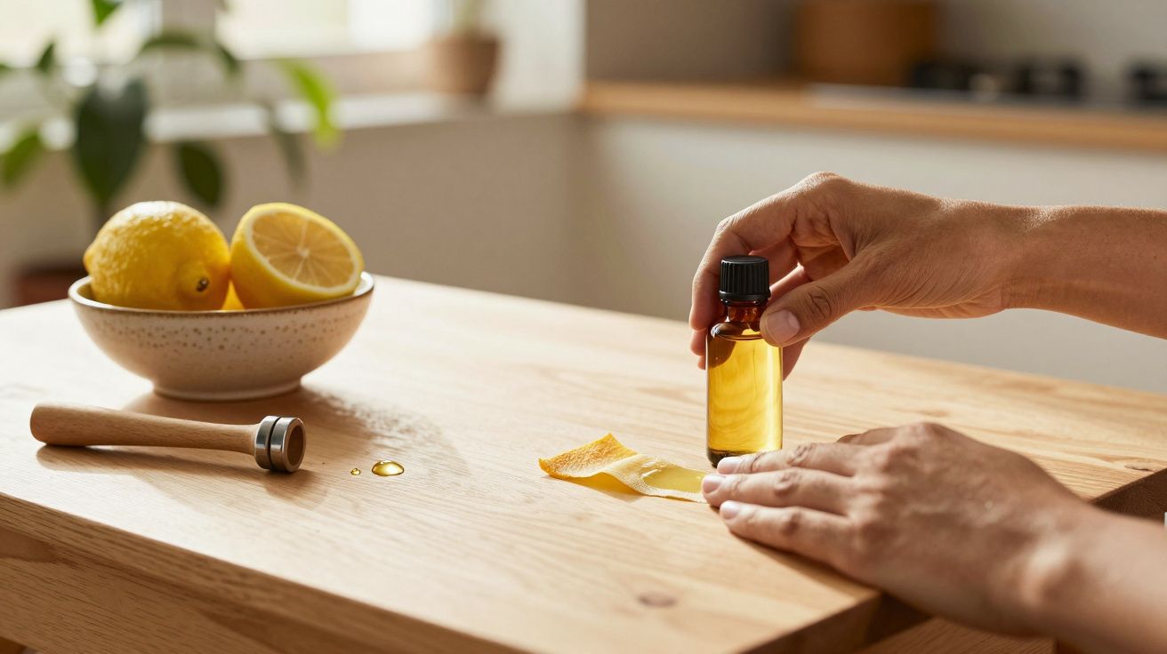 Mãos seguram frasco de óleo essencial sobre mesa de madeira. Limões e taça ao fundo.