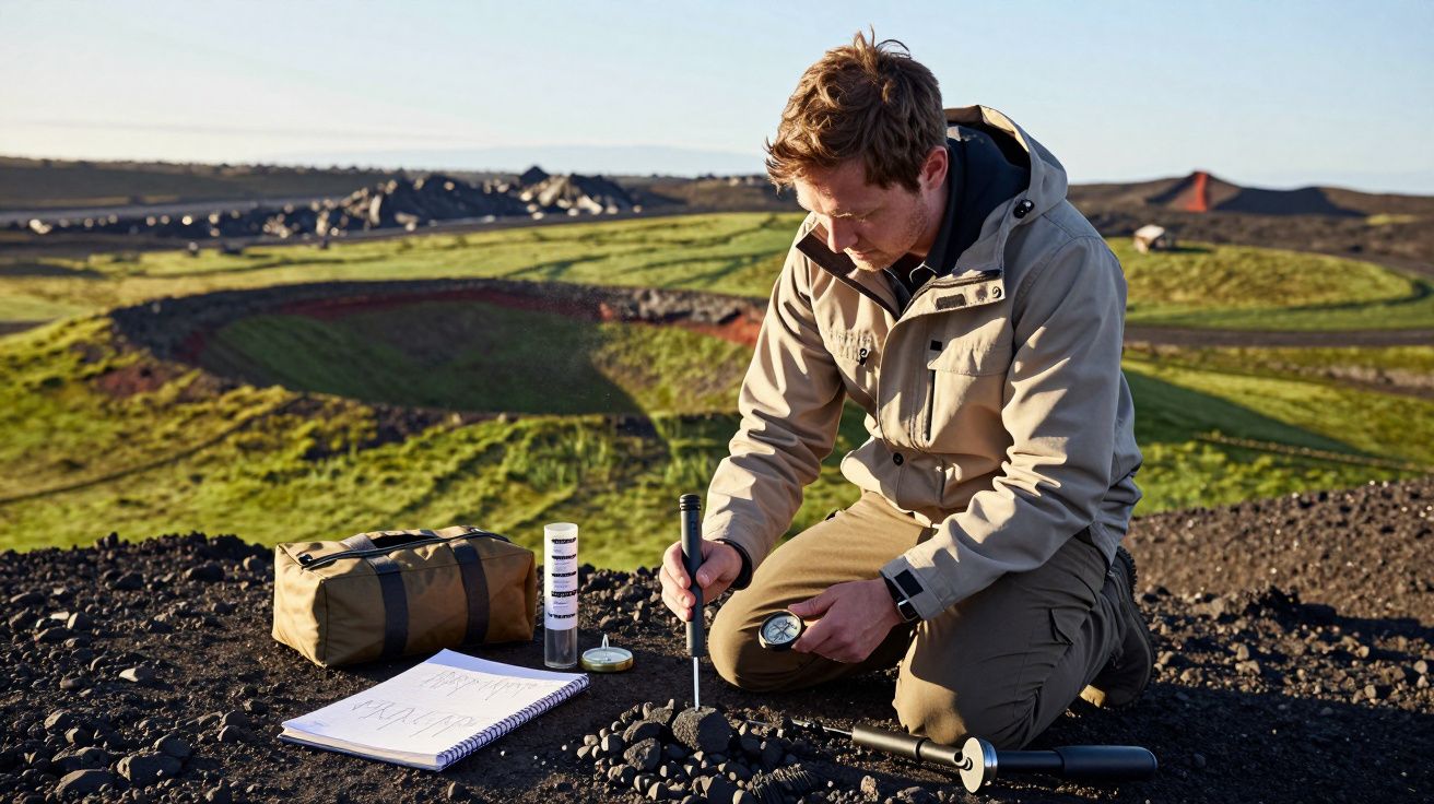Homem a estudar o solo numa paisagem vulcânica, com caderno e material de pesquisa ao lado.