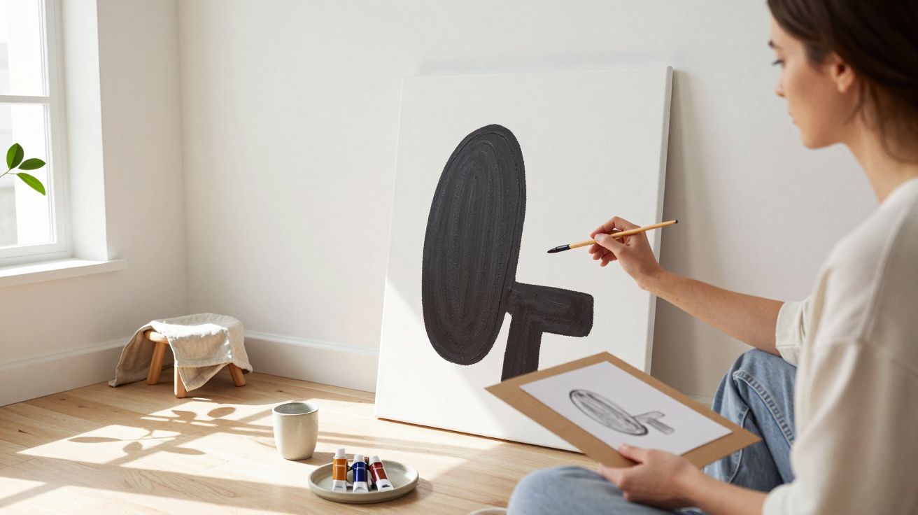 Mulher pinta tela com pincel, olhando esboço em papel; paleta e caneca no chão iluminado pelo sol.