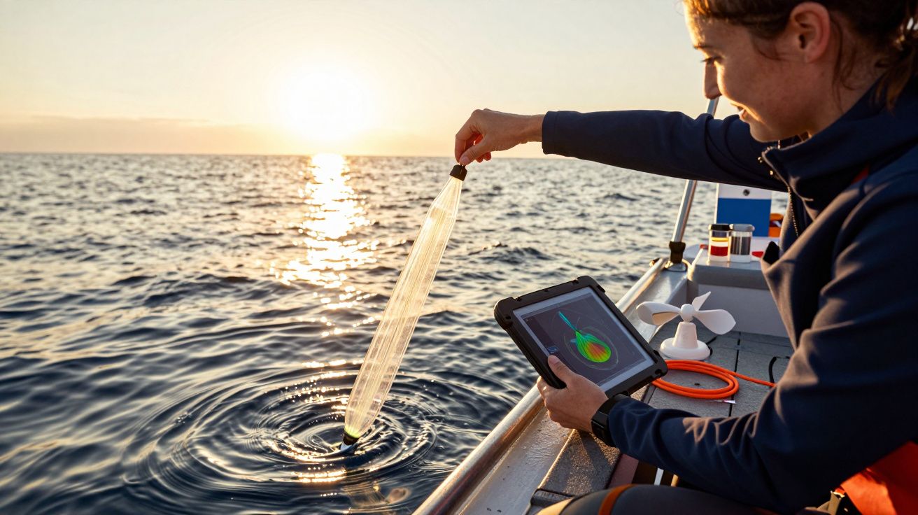 Pessoa numa embarcação analisando dados num tablet ao pôr do sol no oceano.