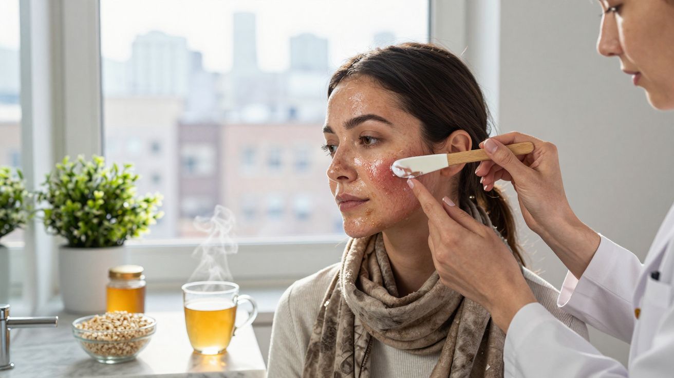 Mulher a receber tratamento facial em spa, sentada perto de uma janela com planta e bebida quente.