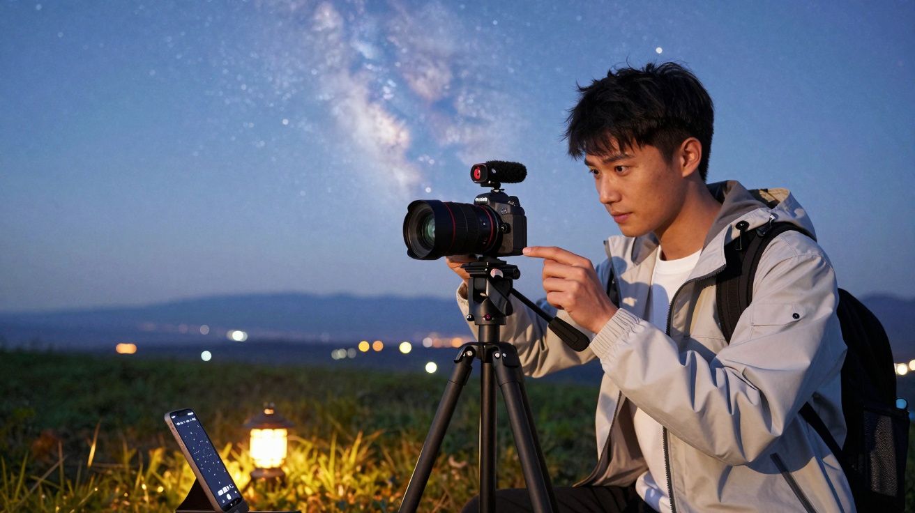 Homem a fotografar céu estrelado com câmara em tripé, num campo à noite.