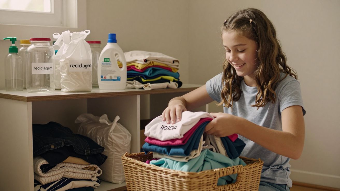Menina sorridente organiza roupa em cesto de vime, com produtos de limpeza e reciclagem ao lado.