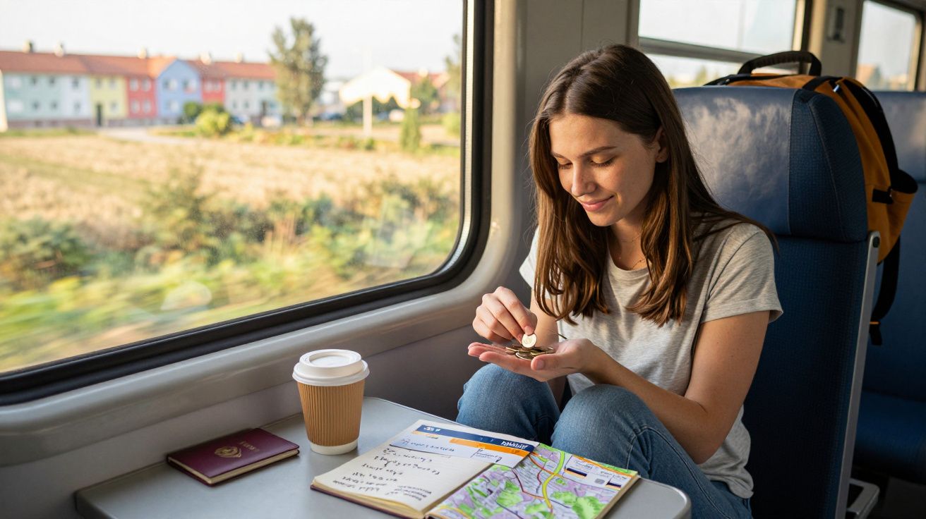 Mulher num comboio, olha moedas na mão. Mesa com café, passaporte, mapa e caderno. Paisagem urbana pela janela.