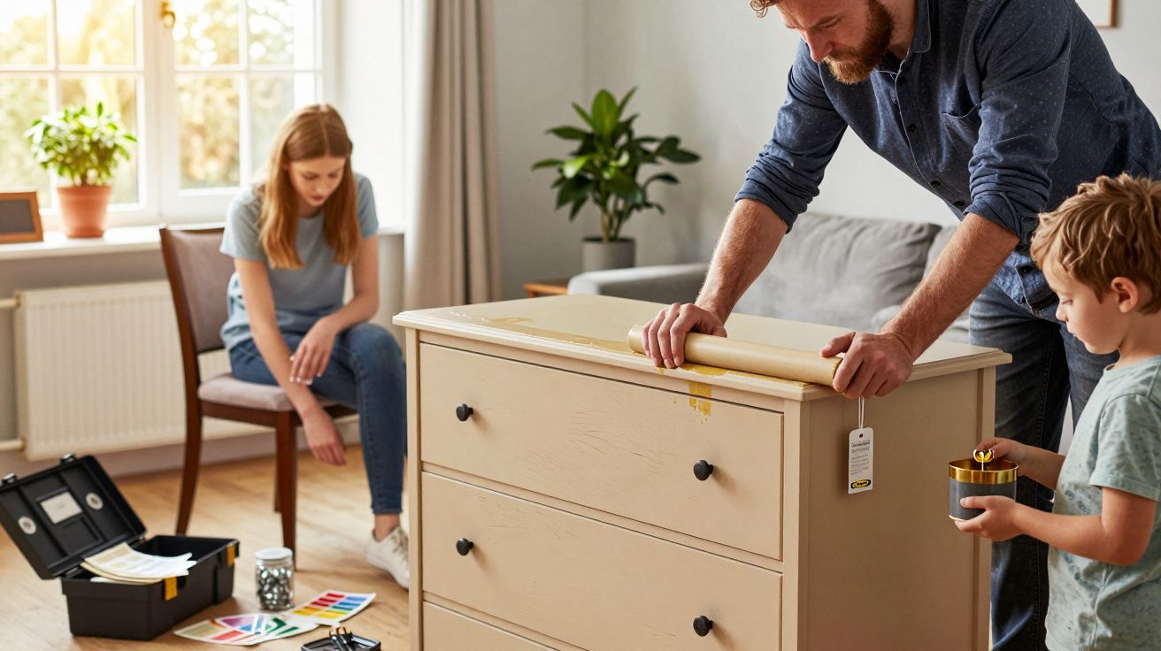 Homem pinta uma cómoda em casa, enquanto uma mulher e uma criança assistem.