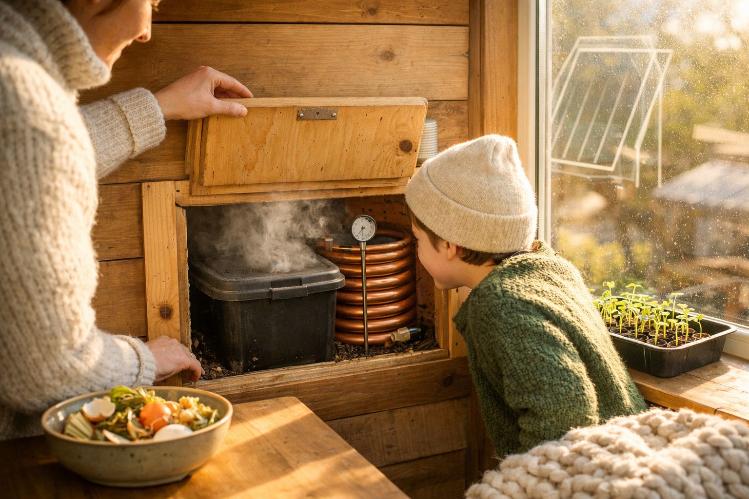 Pai e filha cozinham com panela de madeira a vapor na cozinha, junto à janela com plantas e luz natural.
