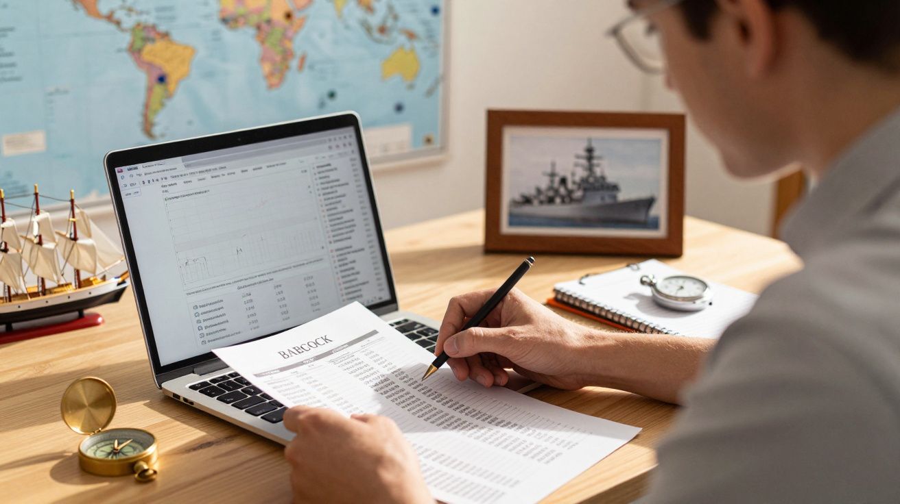 Homem analisa folhas de cálculo no portátil. Mesa de madeira com bússola, barco em miniatura e foto de navios de guerra.