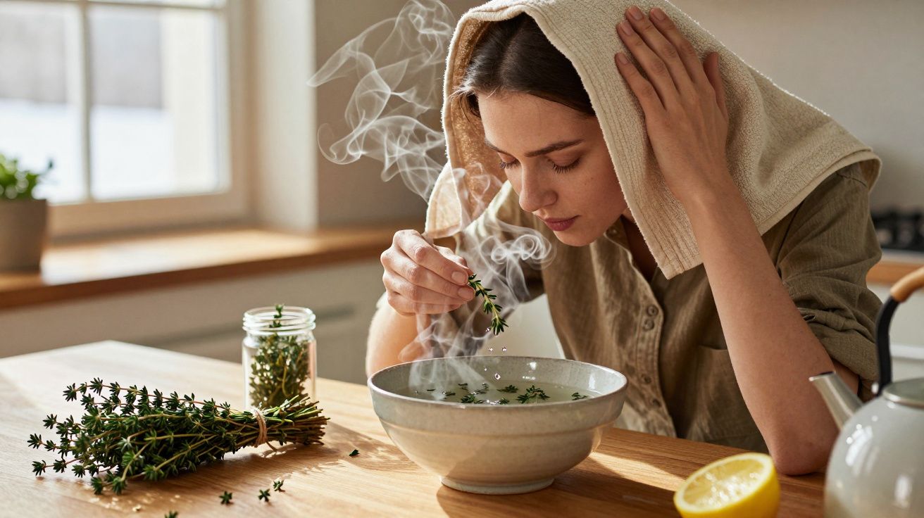 Mulher inala vapor de uma tigela com ervas aromáticas na cozinha, com toalha sobre a cabeça, rodeada de limão e chá.