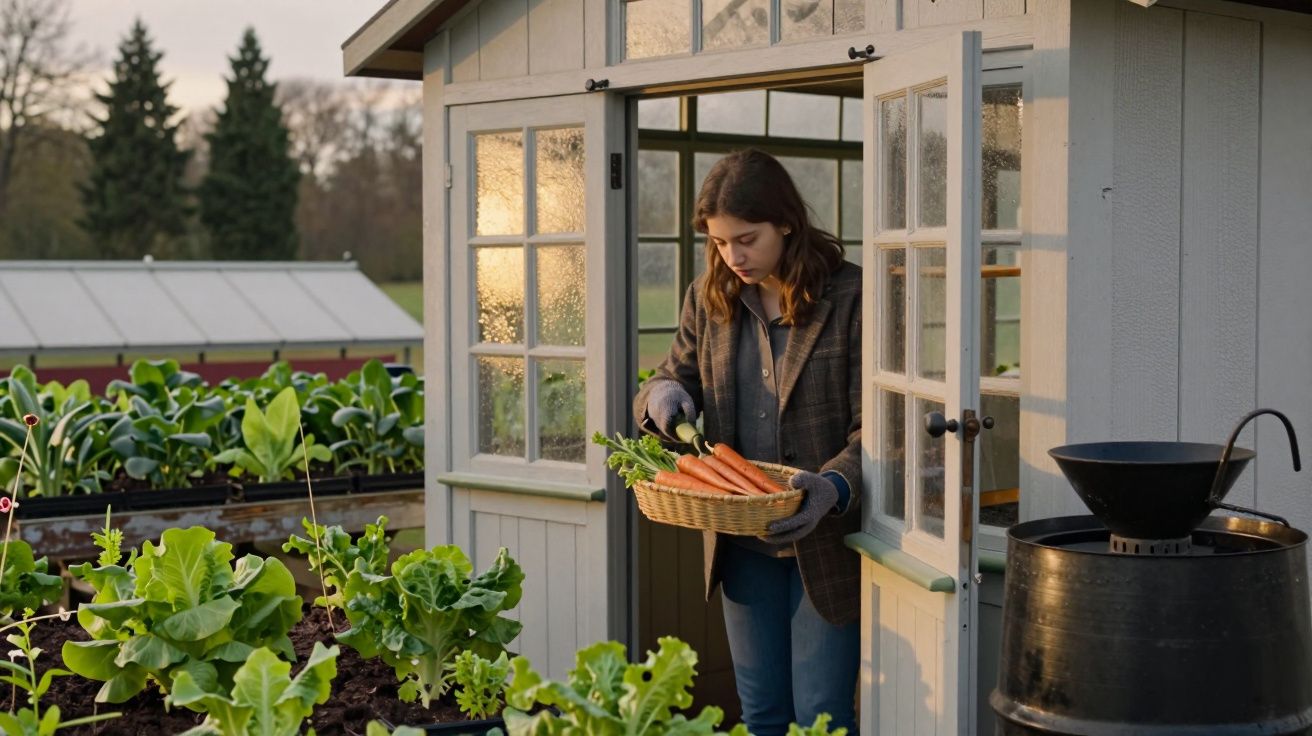 Mulher colhe cenouras em horta, ao lado de pequena cabana de madeira.