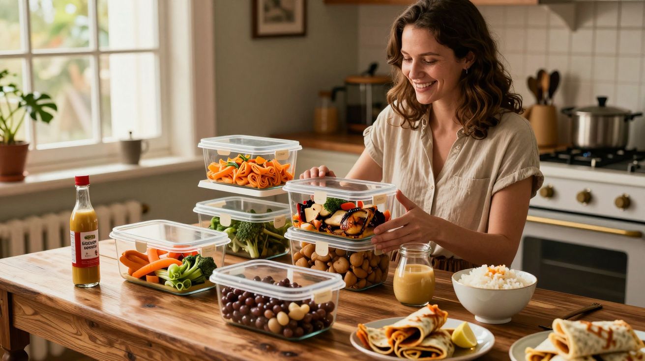 Mulher sorridente organiza refeições saudáveis em caixas na cozinha, com legumes e fruta sobre a mesa.