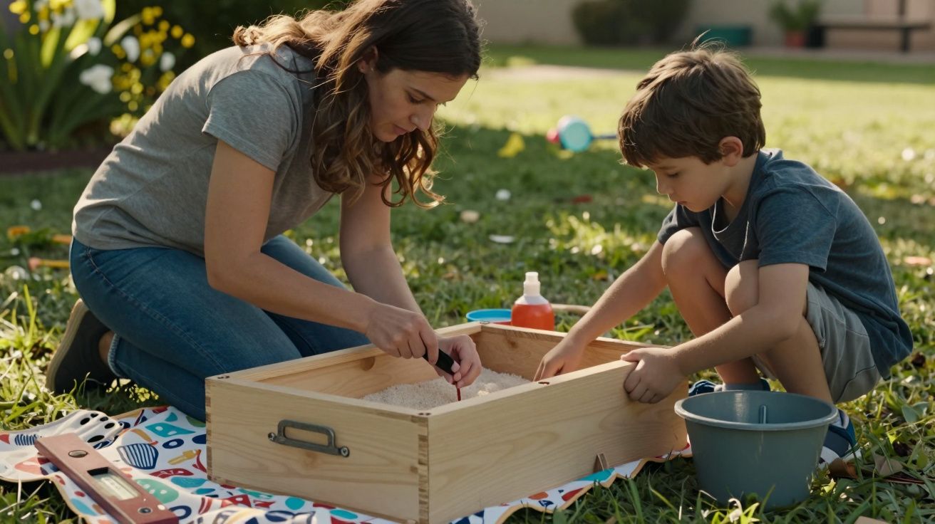 Mulher e criança brincam com areia numa caixa de madeira no jardim.