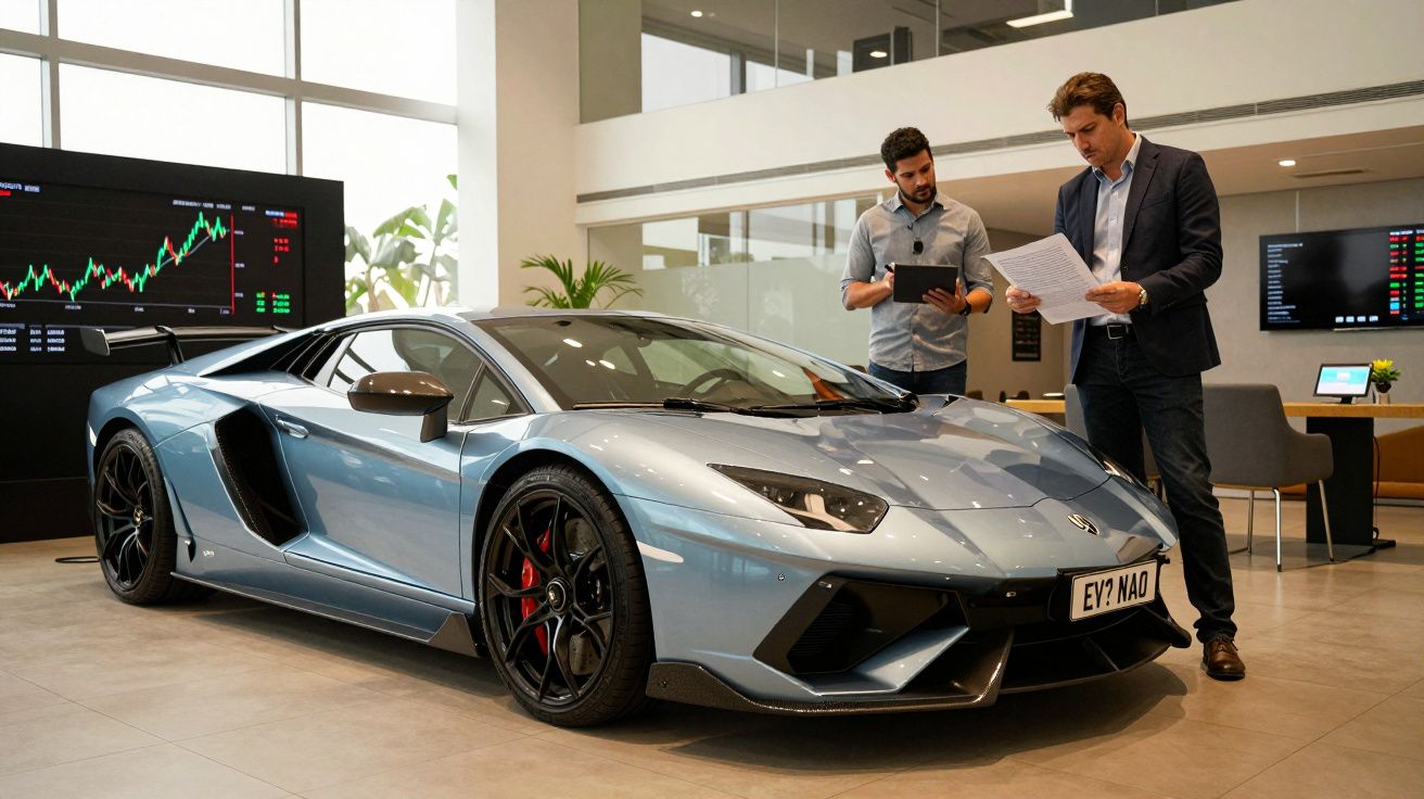 Carro desportivo azul num showroom com duas pessoas analisando documentos ao fundo.
