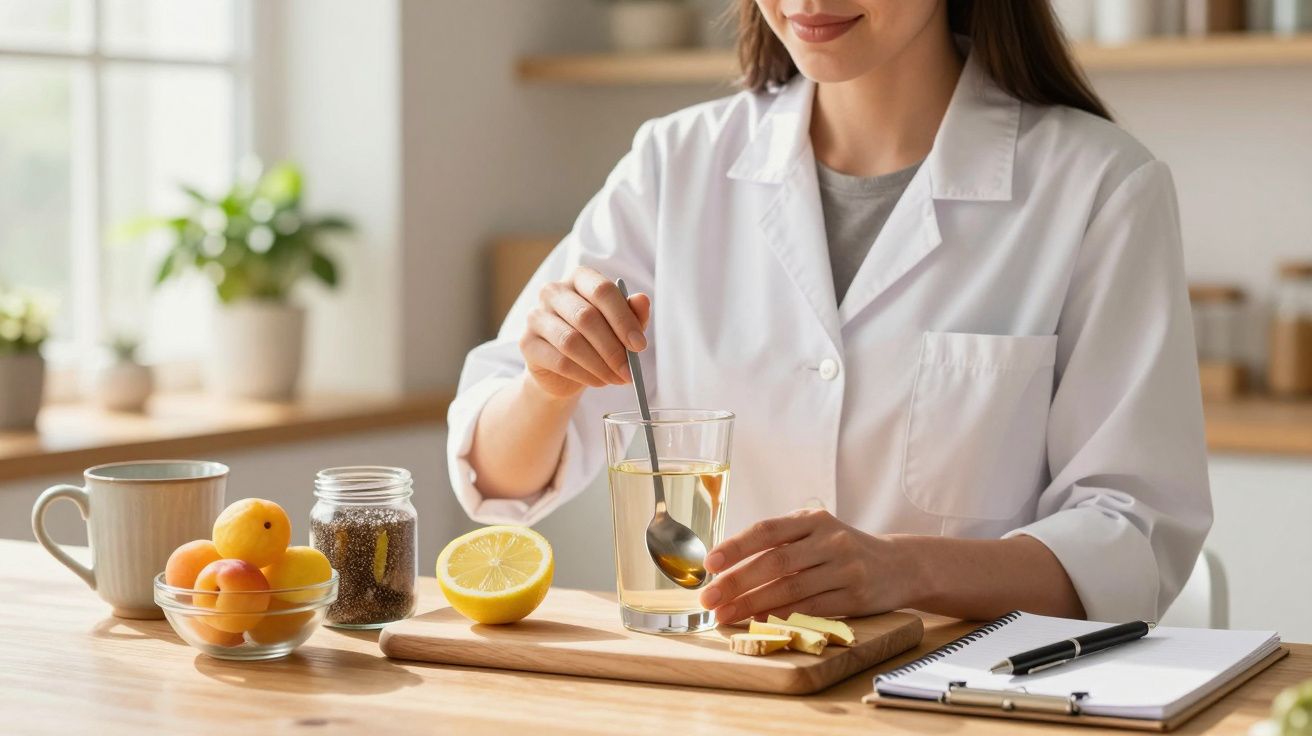Mulher em bata branca mistura bebida com limão, gengibre e frutas numa cozinha.