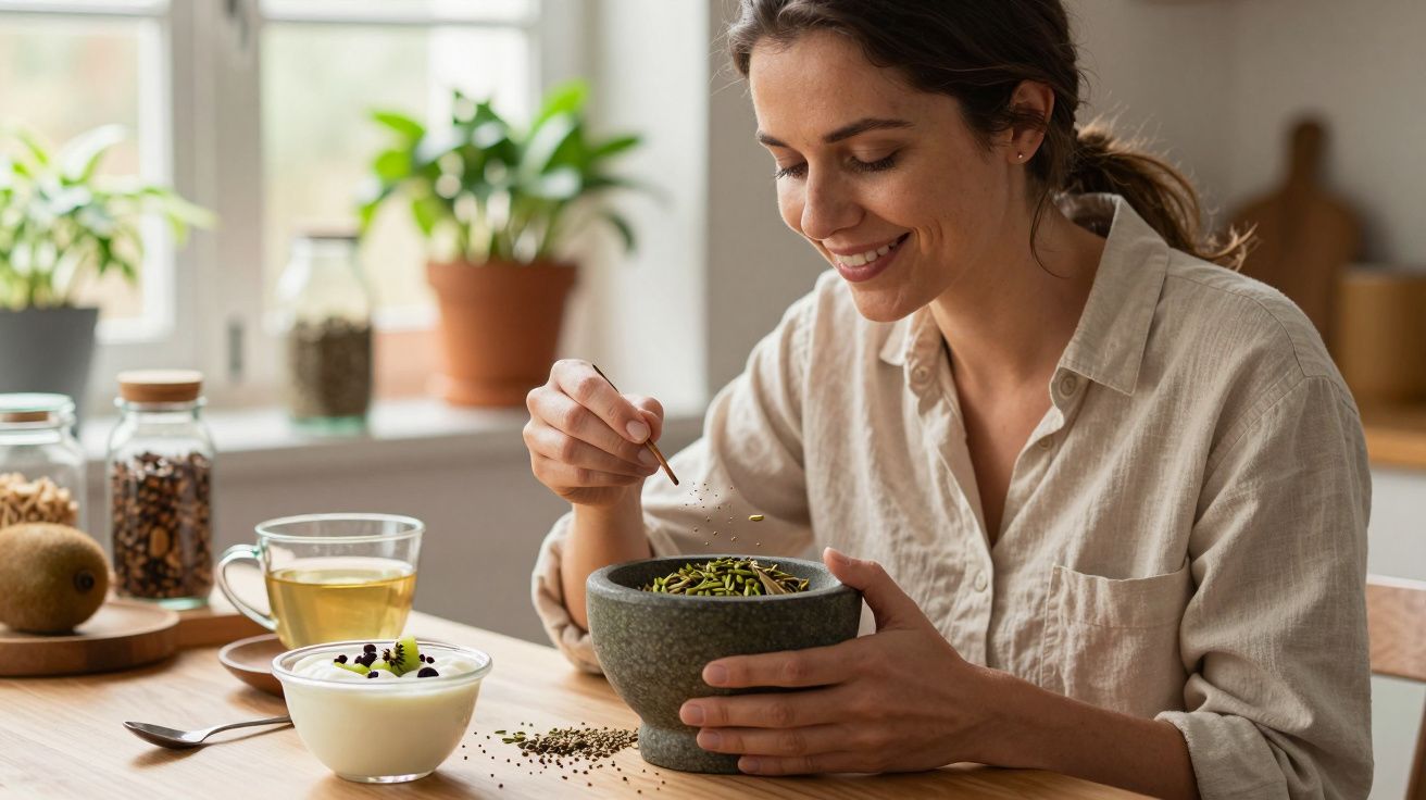 Mulher sorridente a comer uma refeição saudável à mesa, com plantas ao fundo.