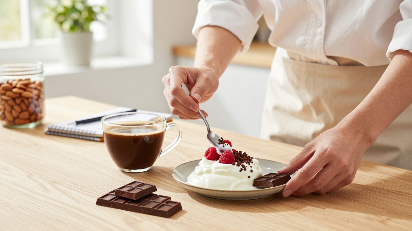 Pessoa a decorar iogurte com framboesas e chocolate numa mesa, ao lado de um café e tablete de chocolate.