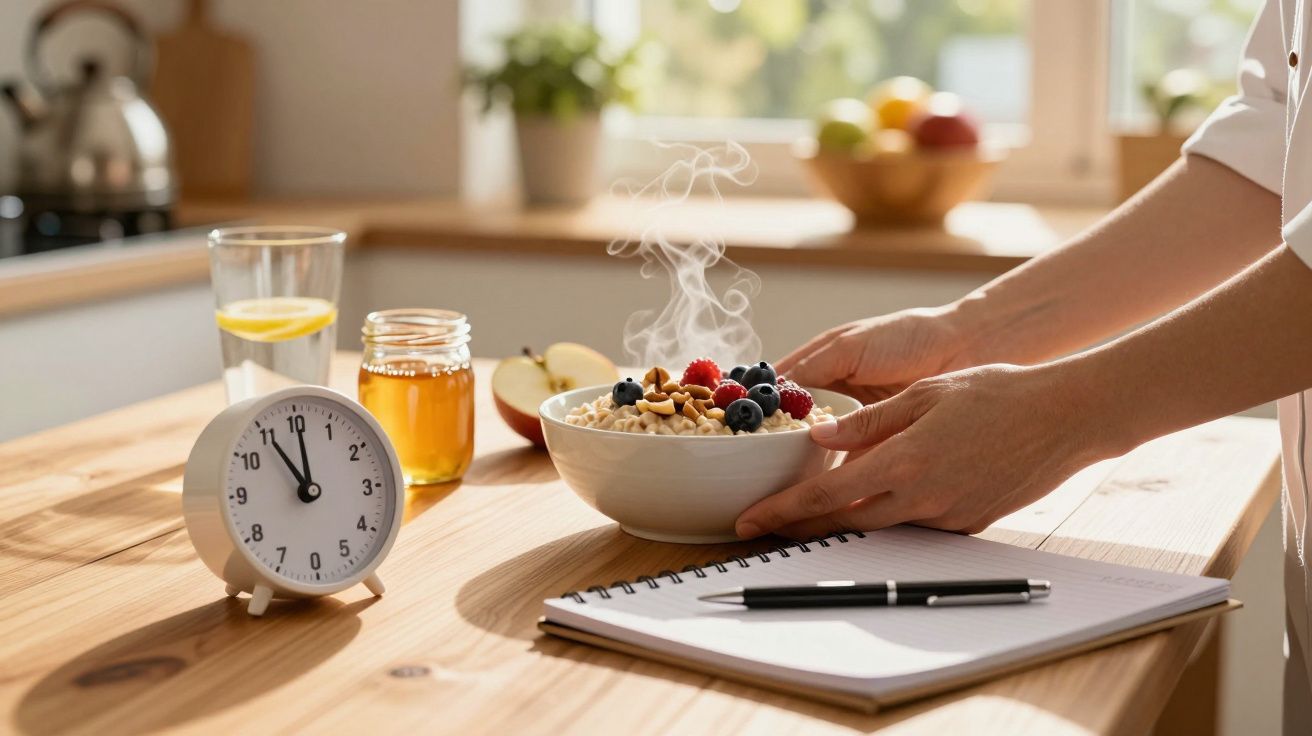 Pessoa a preparar taça de aveia com frutos, relógio a marcar 7:00, caderno e caneta na mesa da cozinha.