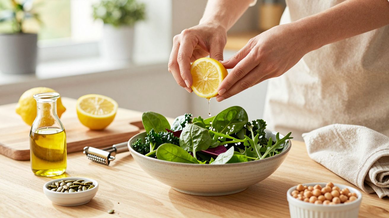 Pessoa a espremer limão em salada verde numa bancada de cozinha com azeite, sementes e grão-de-bico ao lado.