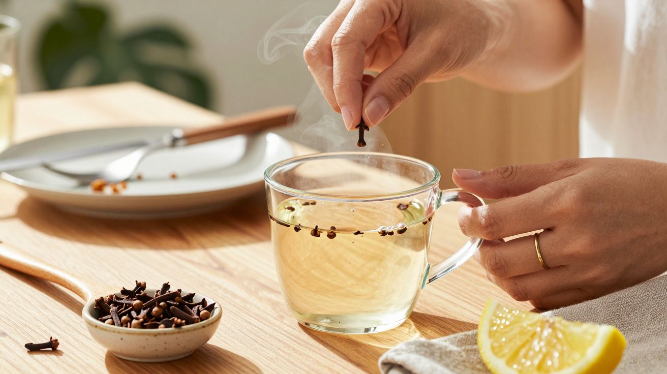 Mão adiciona cravo a uma chávena de chá quente, com limão e cravos em fundo desfocado sobre mesa de madeira.