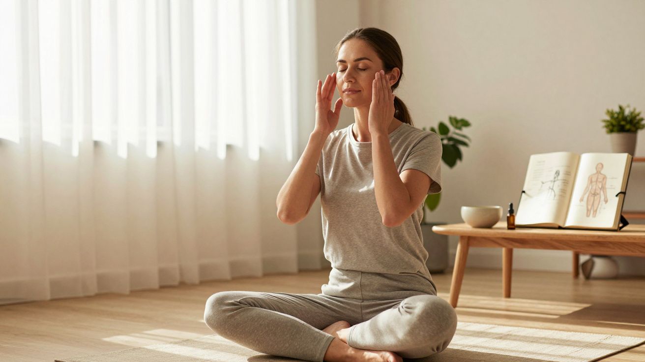 Mulher meditando em casa, sentada no chão com as pernas cruzadas, mãos no rosto, ambiente claro e minimalista.