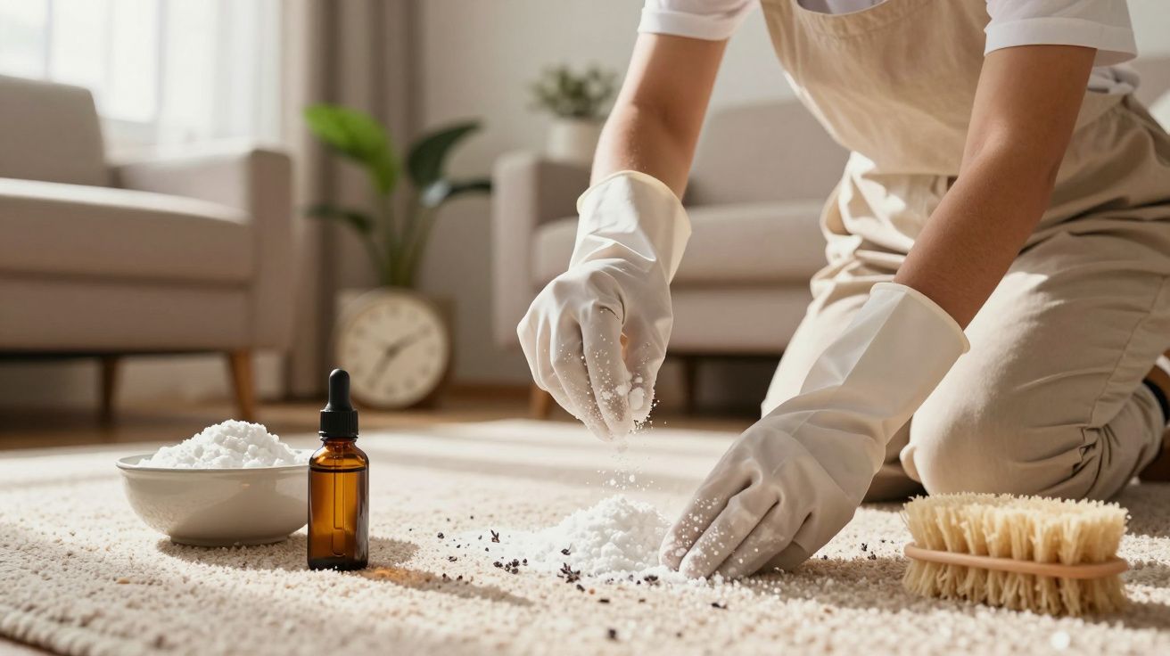 Pessoa limpando carpete com escova e produto em pó; frasco âmbar ao lado.