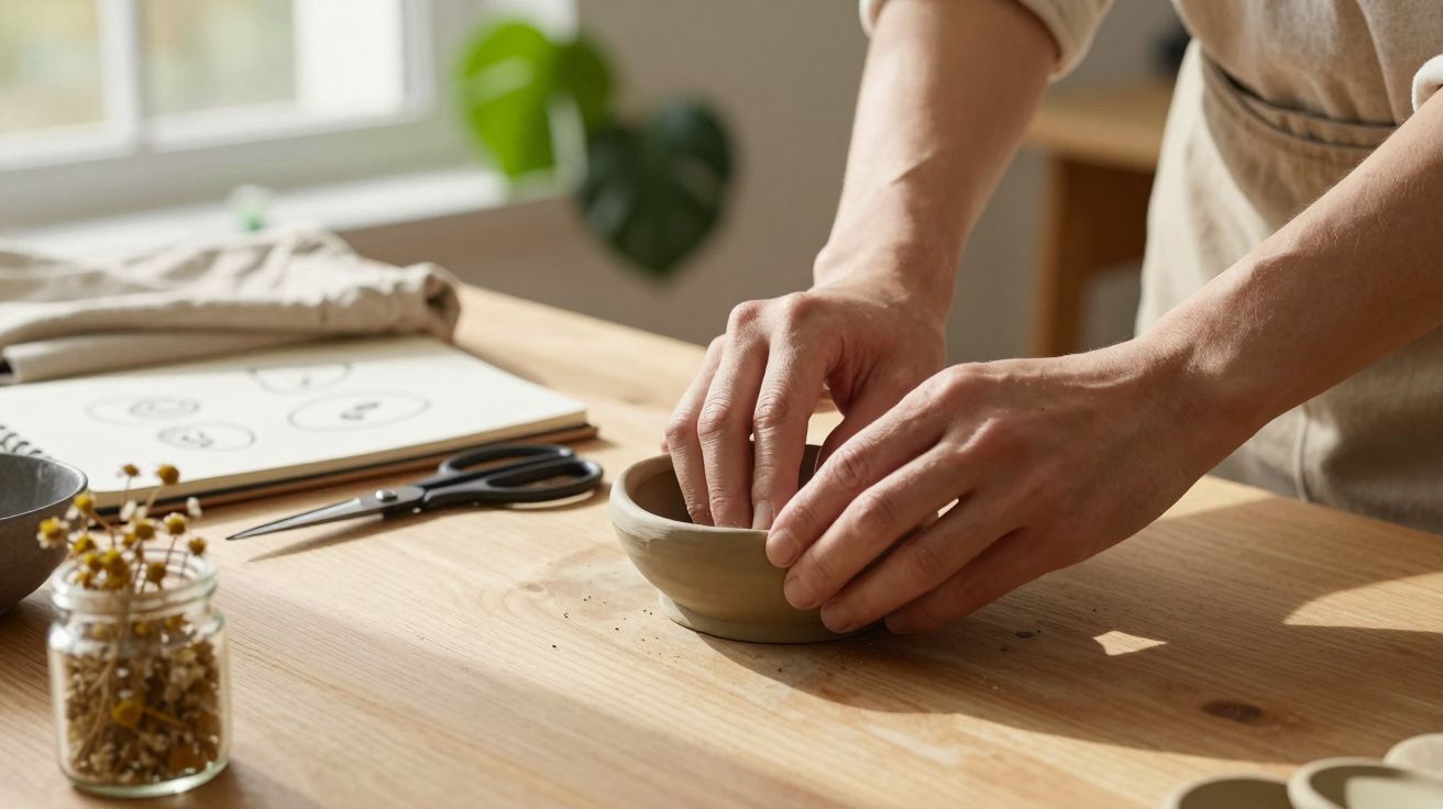 Pessoa a moldar barro à mão numa mesa de madeira, ao lado de utensílios e um frasco pequeno com flores secas.