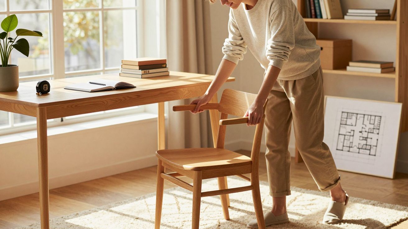 Pessoa ajusta cadeira junto à mesa num escritório iluminado, com plantas e livros.
