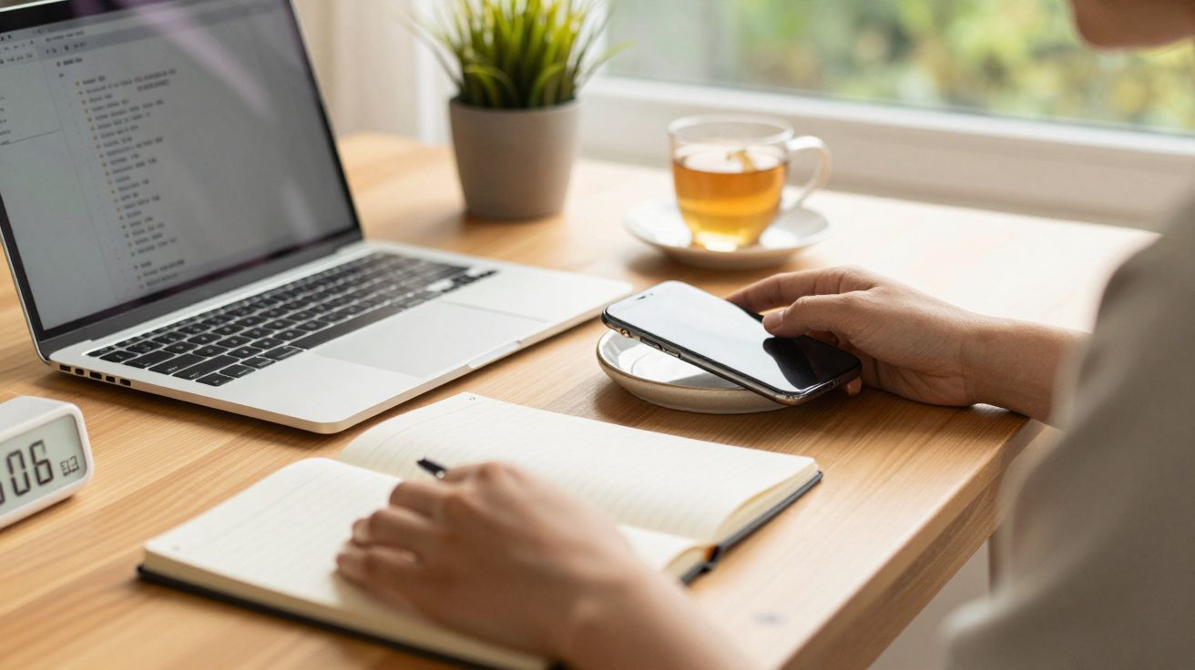 Pessoa a trabalhar num portátil com chá e um telemóvel ao lado numa mesa de madeira, com planta ao fundo.