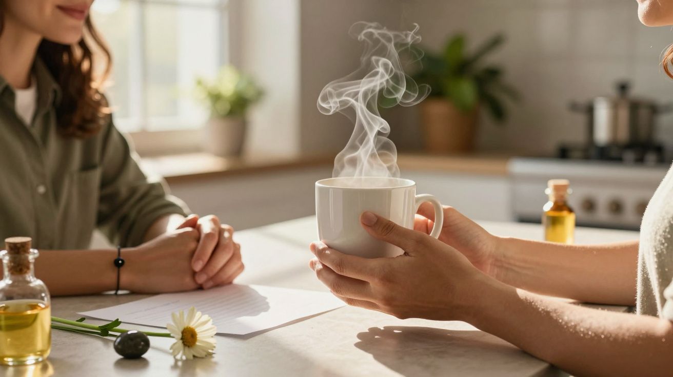 Duas pessoas conversam numa cozinha, uma segurando uma caneca de chá fumegante, com flores e frascos na mesa.