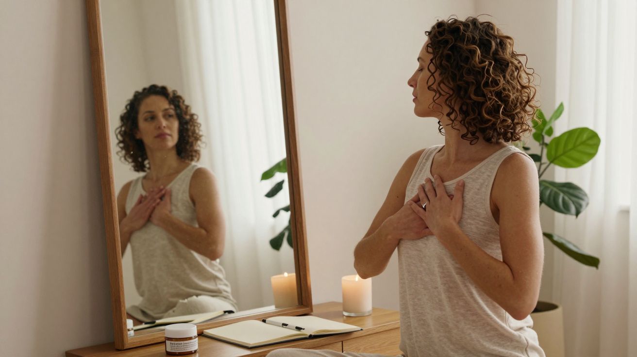 Mulher de cabelo encaracolado olha-se no espelho, mãos no peito, com velas, caderno e planta ao fundo.