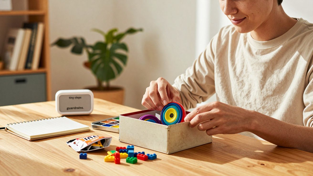 Pessoa arruma objetos coloridos numa caixa, com blocos de construção, bloco de notas e planta ao fundo numa mesa de madeira.