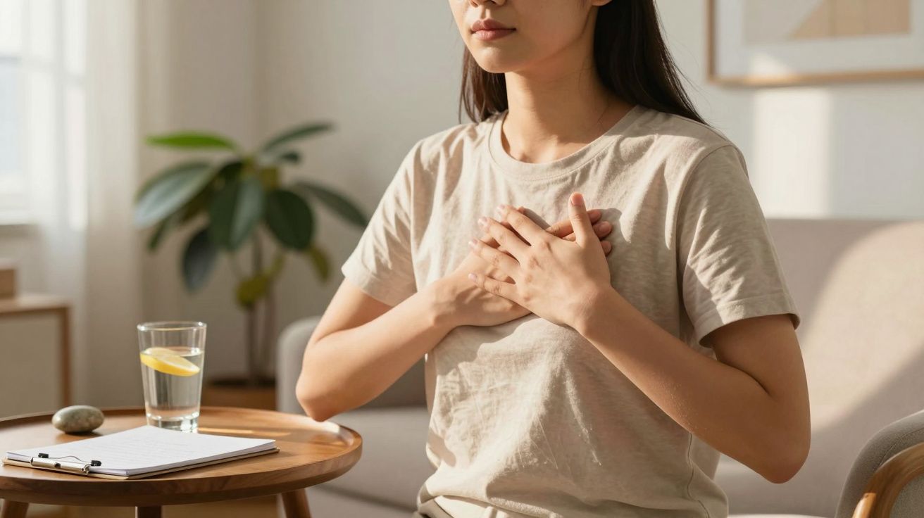 Mulher em pose meditativa com mãos no peito, mesa com água, bloco de notas e planta ao fundo.