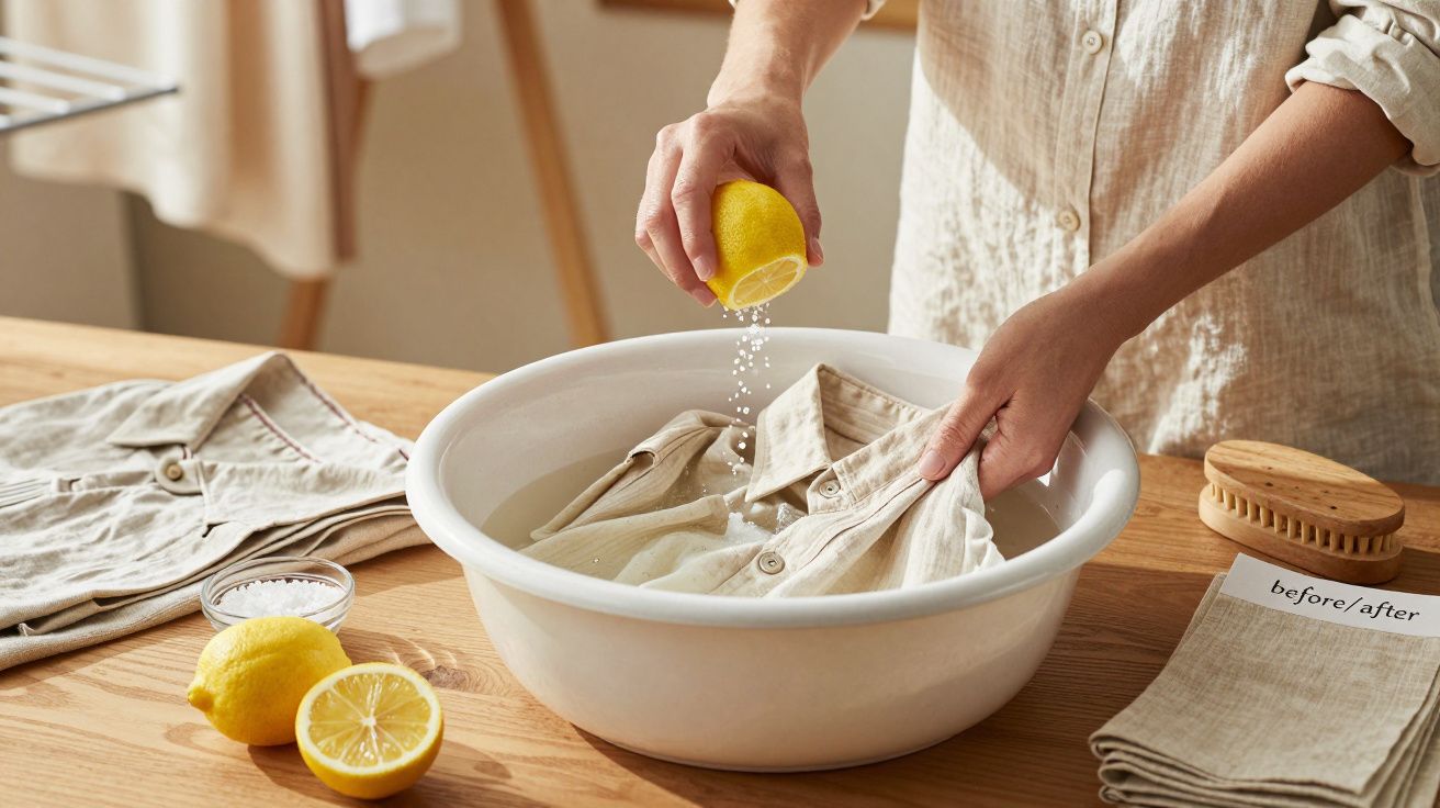 Pessoa usando limão para limpar uma camisa numa bacia de água, com limões e pincel ao lado.