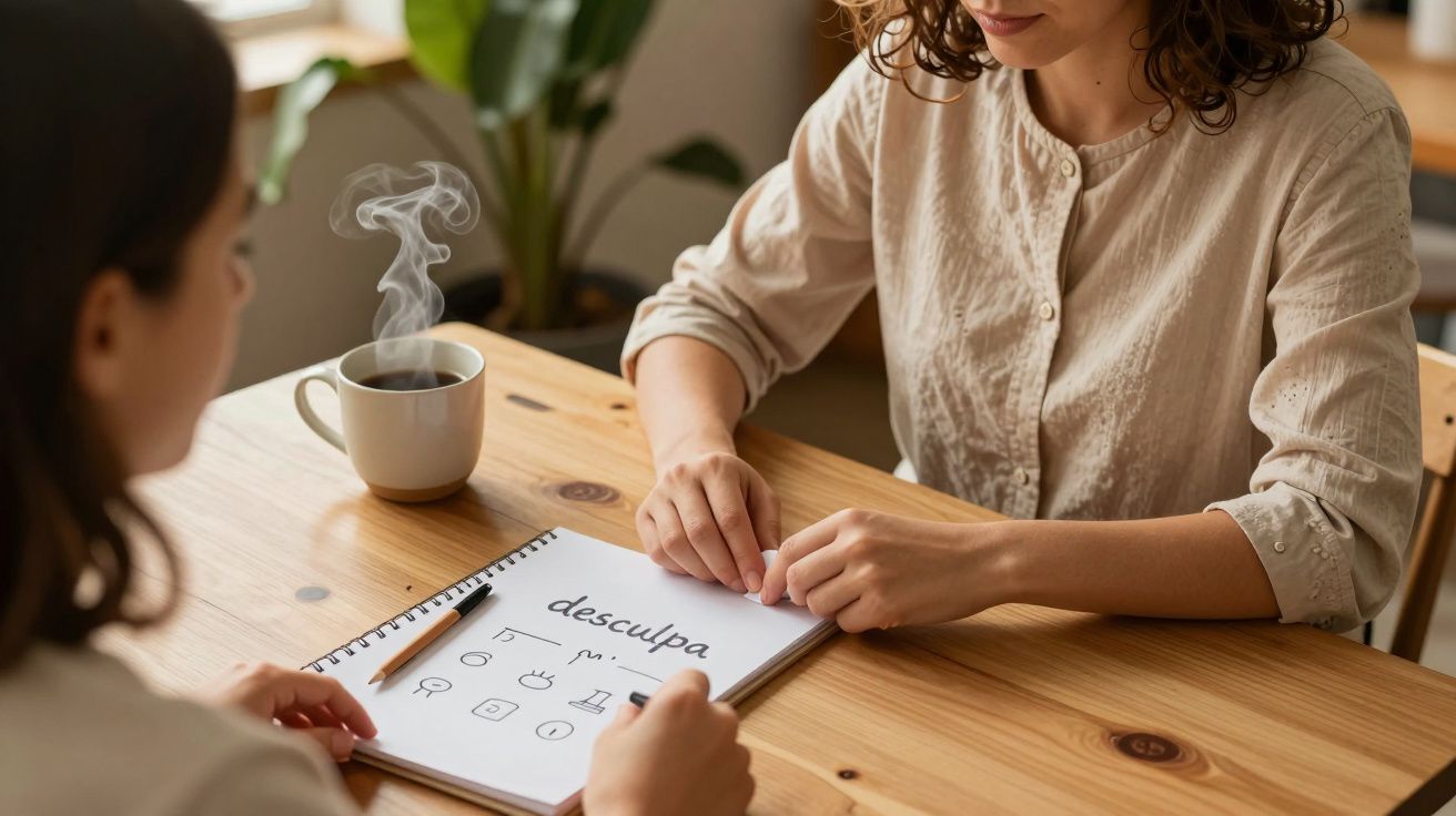 Duas pessoas sentadas numa mesa, com um caderno aberto escrito "desculpa" e ícones, ao lado de uma chávena de café.