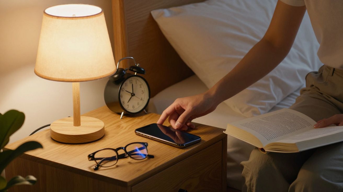 Pessoa a alcançar smartphone numa mesa de cabeceira com candeeiro, relógio, óculos e livro aberto.