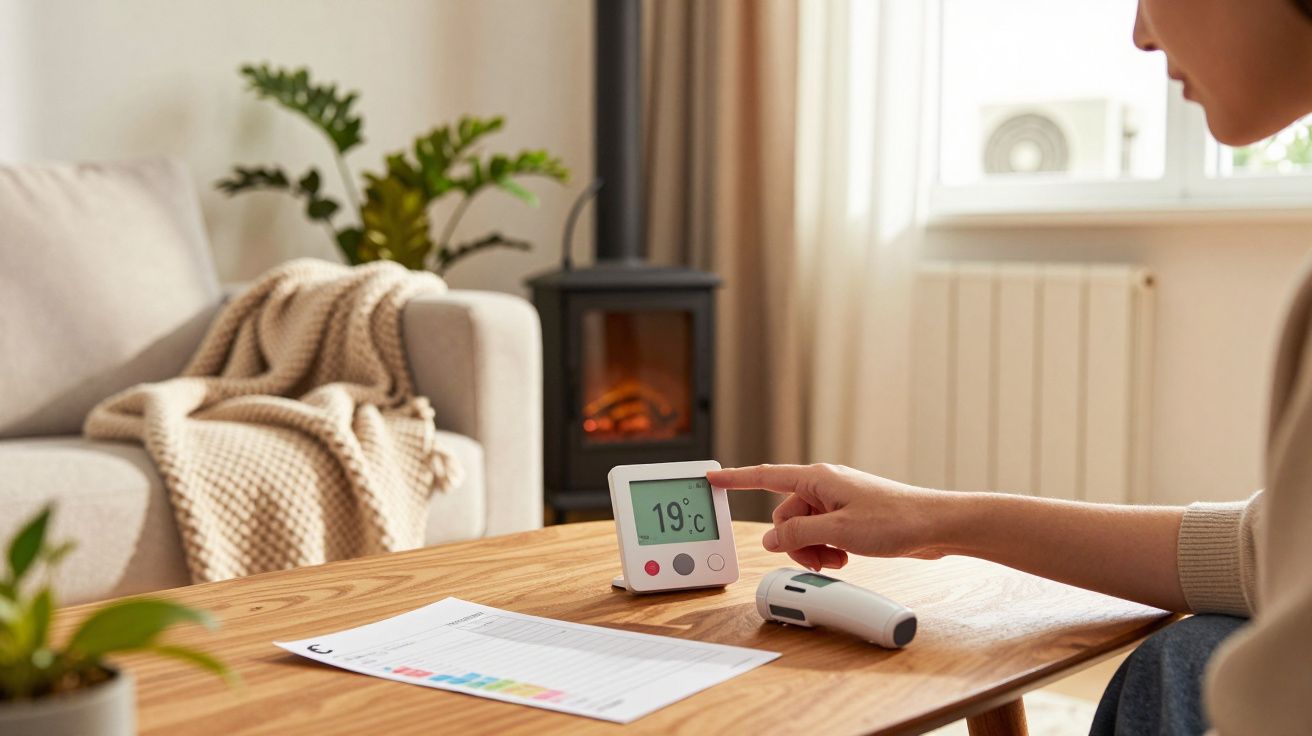 Pessoa ajusta termostato digital para 19°C numa sala com lareira acesa.