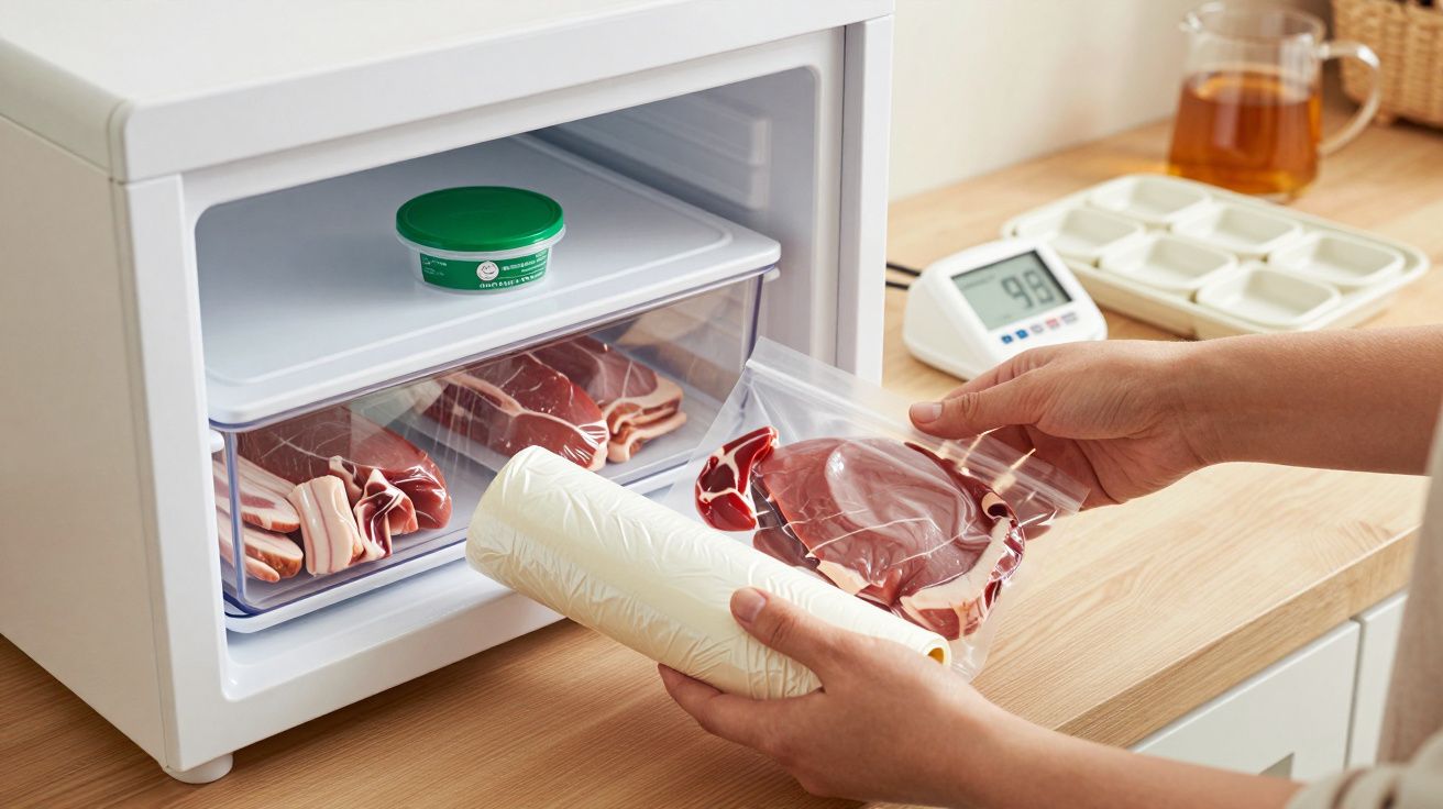 Pessoa coloca carne embalada a vácuo no congelador, junto a outros alimentos e um termómetro digital sobre a bancada.