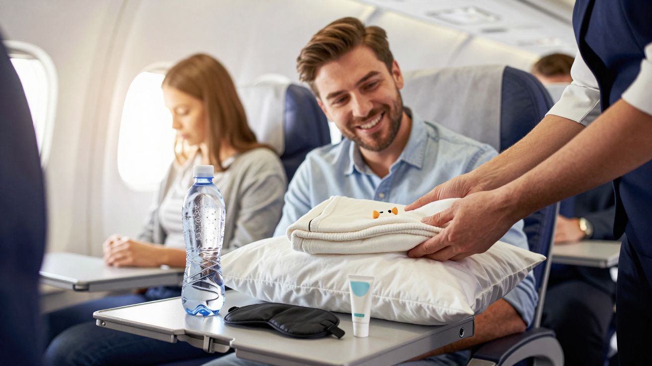 Homem a sorrir num avião, com cobertor e almofada entregues por assistente de bordo; garrafa e máscara na mesa.